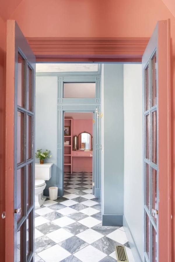 View through rose doorway into the blue hall and dressing room